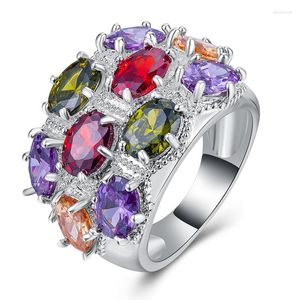 Bröllopsringar Hainon Big Flower Colorful Zircon Stone Silver Color for Women Luxury Engagement Party Jewel Ring Gift