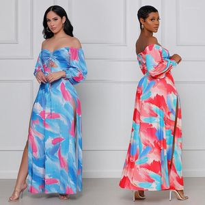 Sıradan elbiseler seksi tek omuzlu yan bölünmüş uzun elbise kadınlar 2023 Yaz baskılı sundress manşonu zarif parti gece kulübü