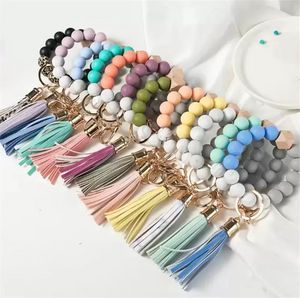 Wooden Tassel Bead String Bracelet Key chain Food Grade Silicone Beads Bracelets Women Girl Key Ring Wrist Strap FY2981 ss0317