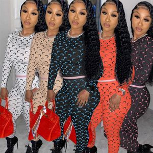 PinePear Perspective Mesh Crescent Moon Print O-hals Helärmad Romper Skinny Catsuit FitnSet Sexig Sport Jumpsuit Partihandel X0629