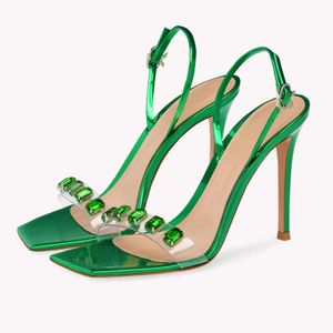 Gianvito Rossi Ribbon Candy Green Sandal 10.5cmwomen 고급스러운 Cleo Crystal High Heels 투명 PVC 스틸레토 샌들 끈 드레스 신발 공장 신발