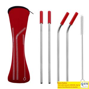 4pcsset Reusable Stainless Steel Straws With Silicone Tips With Clean Brush Neoprene Bag Wedding Party Straw