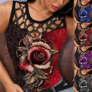 Tanques femininos Mulheres sexy colete Tops 3d Rose Print Hollow Out O pescoço de verão feminino de primeira linha do escritório da senhora Camisole