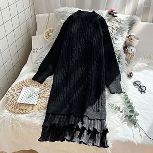Casual Dresses Ruffles Patchwork Sticke Women Sweater Solid Black Winter Longeeved Straight Lady Elegant toppkvalitet