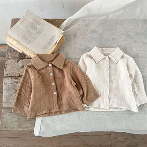 Çocuk Gömlekleri Pamuk Muslin Bebek Erkekler Yumuşak Nefes Alabilir Tişörtler Yaz Çocuklarının Günlük Gevşek Gevşek Uzun Sleeve Blouses Top 230317