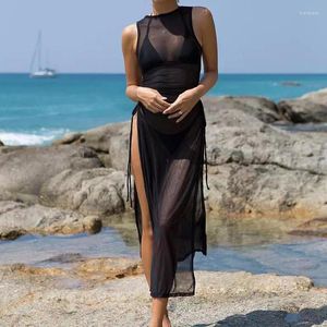 Abiti casual Spiaggia Protezione solare Bikini Copricostume Abito maxi sexy Donna Girocollo solido Senza maniche Vita alta Coulisse Maglia trasparente