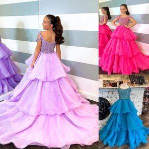 Hot Pink Girl Pageant Dress 2023 Ballgown Beading Organza Straps Neck Little Kid Birthday Formal Party Gown Toddler Teens Preteen Sugar Blue Lilac Ruffle Layer Skirt