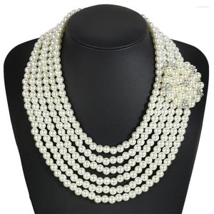 Choker Multilayer Imitation Pearl Necklace Luxury Rhinestones Flower Collar Bridal Wedding African Beads Jewelry For Women 2023