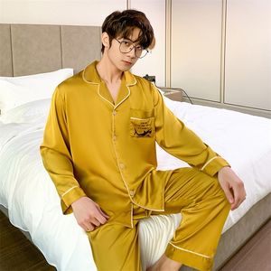 Pijama masculino de roupas de sono masculina de cetim de cetim de cetim de pijamas definir botões de lapela de roupas de dormir pijamas de seda de manga longa para homens lazer de calça de topo 230317
