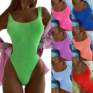 Bikinis Set 2022 Spezialstoff Crinkle Cloth Wellenstreifen Bonbonfarben Einteiliger Badeanzug Damen Fluoreszierender Crinkle Cloth Bademode Bikini P230316