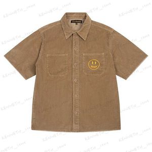 Men's Casual Shirts DREW Bieber's loose smiling face embroidered letters washed corduroy work clothes short-sleeved for men T230317