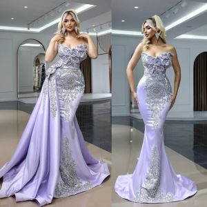 NEW Chic Mermaid Split Evening Dresses With Detachable Train Sweetheart Beaded Formal Arabic Prom Dresses Custom Made GB1006