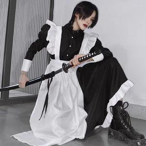 Sukienki swobodne kobiety pokojówka cosplay seksowna sukienka kostium długie rękawy przednie guzik w dół maxi z fartuchem anime