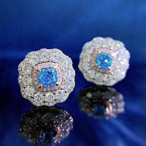 Aquamarine Diamond Stud Oreger 100% Real 925 Sterling Silver Promesse Orecchini da sposa per donne Gift Gioielli da festa Bridal