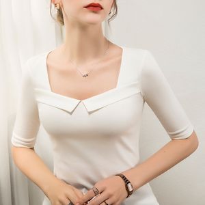 Kadın T-Shirt Fransız Kare Boyun T-Shirt Beş noktalı kol yaz kadın ince pamuk streç büyük beyaz y2k üst harajuku 230317