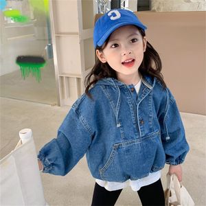 Hoodies Sweatshirts Girls Hooded Jeans Jackets Spring Autumn Kids Long Sleeve Denim T-shirt 3-7 Years Children Casual Loose Top Clothes 230317