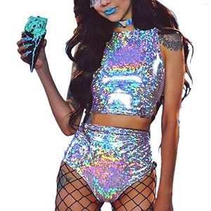 Женские спортивные костюмы 2023 Женщины Rave Holographic Bodysuit Mini 2pcs Голограмма Металлический топ и шорты для танцевальной вечеринки клуба клуба