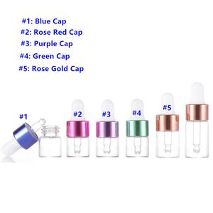 Färgglada Cap Glass Droper Bottle 1 ml 2 ml 3 ml 5 ml Transparent brun finolja Sub-flaskor Trial Prov Vial