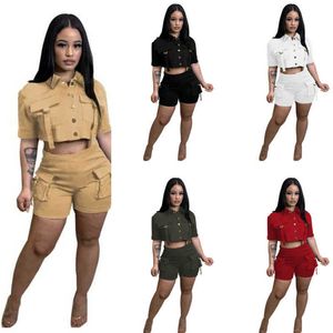 Womens Tracksuits Summer Button Multi Pocket Two Piece Set Elastic Short Sleeved Tops And Shorts Outfits