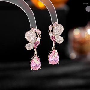 dangle earringsかわいい蝶の女性のための贅沢ジルコンロングイヤリングブルーピンクのティアドロップウェディングジュエリーブリンコ