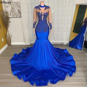 ASO EBI Royal Blue Mermaid aftonklänning Sparkle Crystals Pärled illusion Långärmar Prom Party Gowns Slim and Flare Maternity Special Occasion Dress CL2022