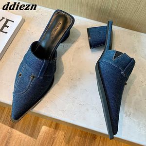 Fashion Round Heels Sandals Mules for Ladies New 2023 Denim Pointed Toe Women Pumps Slides Shoes Slip on Casual Female Sippers 0316