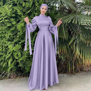 Ethnic Clothing Muslim Fashion Women Islamic Satin Dress Hijab Arabic Pleated Abaya Dubai Balloon Sleeve with Ribbon Eid Mubarak Turkish Dresses 230317