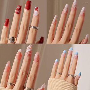 False Nails 24pcs Nail Tips French Coffin Red Full Cover Almond Ballerina Christmas Fake Santa Claus Snowflake Art Accessory