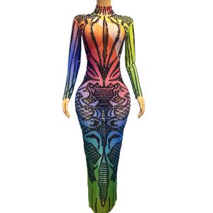 Fashion Colorful Floral Printing Runway Dresses Clubwear Rhinestones Long Dress Women Singer Model Stage Performance Celebrate Transparent Costume