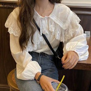 Bloups feminina camisas de manga de sopa de manga de sopa casual de outono vintage Lady Tops Fairy Peter Pan Collar Blouse básica de renda chiffonfemale camisa 11767 230317