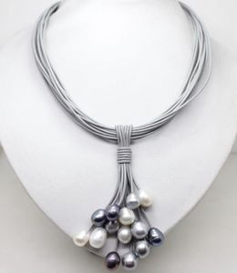 Collane con ciondolo Bella collana di perle d'acqua dolce bianche nere grigie da 12 mm con chiusura magnetica con cordino in pelle