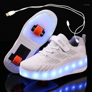 Buty sportowe Dzieci Outdoor jeden dwa kółki Lumowiste Świecące trampki Białe czerwone LED Light Roller Skate Child Boys Asb Charging1