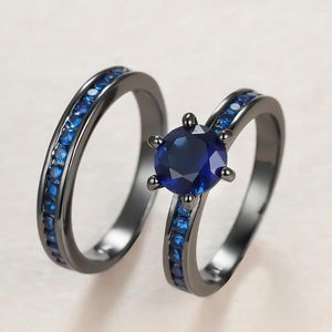 Bröllopsringar Punk Female Blue Crystal Stone Ring Set Charm 14kt Black Gold for Women Dainty Bride Square Zircon Engagement