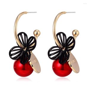 Dangle Earrings Red Simulated Pearl Ball Drop For Women Girls Black Alloy Flower Female Pendant Earring Fashion Jewelry 2023