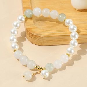 Natural Stone Ice Green Jade and Shell Beads Design Armband Women Korean Lovely Round Stone Elasitc Bangles Feamle Jewelry
