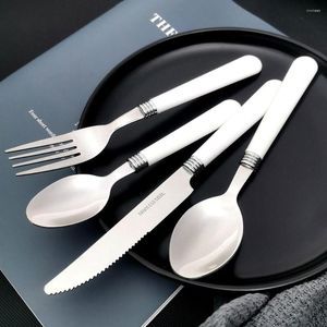 Dinnerware Sets 4Pcs/set Vintage Dessert Spoon Mirror Knives Fork Kits Tableware Plastic Handle Cutlery Set Flatware