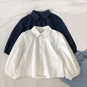 Women's Blouses Shirts Spring Autumn Puff Sleeve Turn Down Collar Women Blouse Top Ladies Short Shirts Women Tops And Blouses White Shirt JW9329 230317