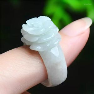 Cluster Rings Natural White Green Jadeite Emerald Rose Flower Ring Hand-Carced Chinese Charm Jewelry Gifts For Women