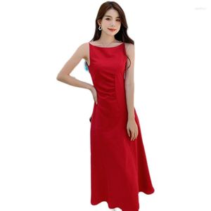 Vestidos casuais verão vermelho vestido de deslizamento comprido mulheres 2023 elegante tira formal Reched para convidados de casamento de higiene