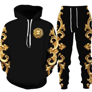 Erkekler Trailtsits Erkek Kadın Altın Desen Aslan Baskılı Hoodie/Pantolon/Takım Grafik Büyük Boy Hoodie Pantolon Trailtsuit Erkek Giysileri Chandal 230317