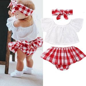 Completi di abbigliamento Lioraitiin Set da 3 pezzi 0-24 M Vestiti per bambina nati Carino Estate con spalle scoperte Top in pizzo Scozzese rosso Abito corto Fascia per capelli 230317