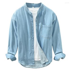 Camisas informales para hombre, camisa vaquera de manga larga japonesa sencilla para hombre, chaqueta holgada con cuello levantado artístico, camisetas vaqueras de algodón para hombre de primavera 2023