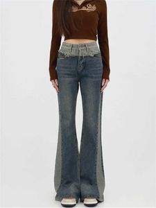 Kvinnors jeans koreansk stil retro lapptäcke flare jeans kvinnor y2k slim denim flare byxor 2023 vår sommar damer breda ben mopping jeans chic l230316