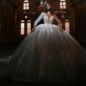 Luxury Ball Gown Lace Sequined Wedding Dress Custom Made One Shoulder High Neck Beaded Bride Gowns Vestido De Novia 2023