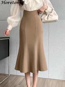 Röcke Horetong Hohe Taille Meerjungfrau Midi Frauen Herbst Winter Wrap Hüfte Koreanische Büro Dame Mode Elegante Solide 230317