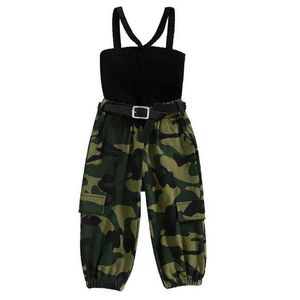 Clothing Sets New baby girl clothes summer girls knitted suspenders sexy tops camouflage leggings trousers suits baby casual sports suits P230315