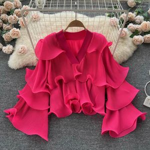 Kvinnors blusar Fairy Flounced Chiffon Sleeved Blue for Women Candy V Neck Cakee Ruffles Loose Casual Pleated Shirts Red Pink Green