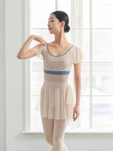 Bühnenkleidung 2023 Ballett-Trikot mit Mesh-Fliegenärmeln Stickerei Damen Ballerina Rosa Trikots für Mädchen Gymnastik-Badeanzug