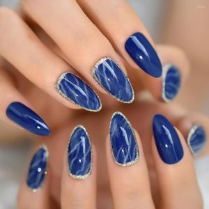 Unghie finte Marmo blu lucido Stiletto Silver Glitter Pre Designs Medium Fake Nail Manicure Artificial Women Deco Tips