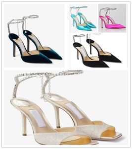 23s Italy Brand Women Saeda Sandals Shoes With Crystal Chain Stiletto Heel Party Wedding Lady Gladiator Sandalias Lady Wedding Party Dress Pump EU35-43 Original Box